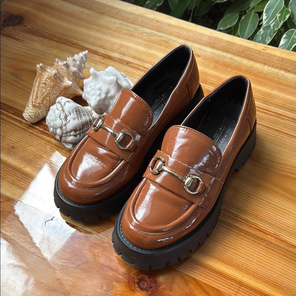 Women's Classic Brown Lug Sole Chunky Loafer 7 Silver Horsebit Preppy Academia